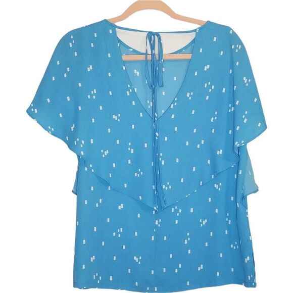 LOFT Ruffle Flutter Sleeve Cut Out Back Blouse - Picture 2 of 7